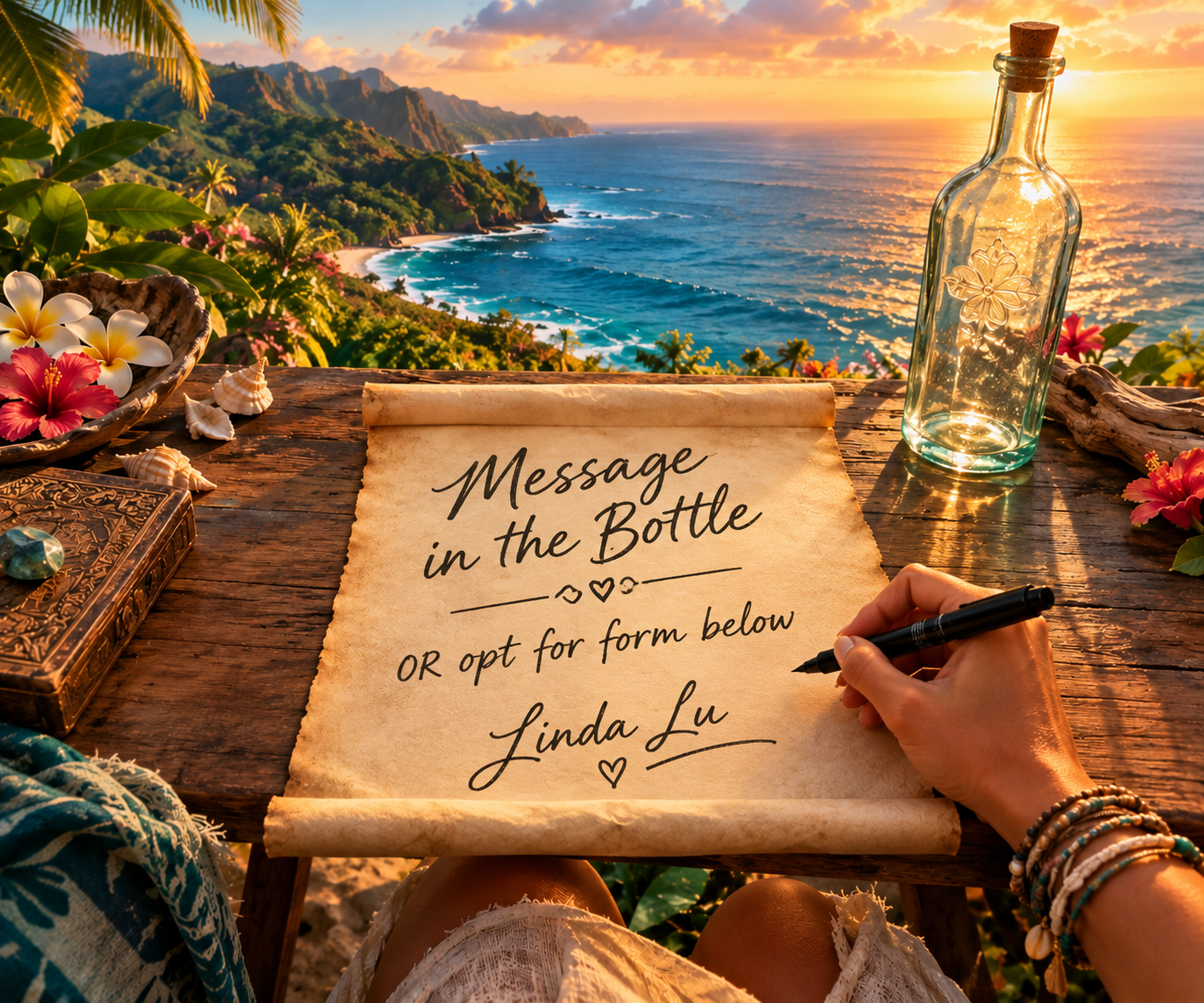 A person writes a message on a scroll titled 'Message in the Bottle' with the text 'OR opt for form below Linda Lu' on a wooden table overlooking a tropical landscape with the ocean, mountains, and sunset. The table is decorated with flowers, shells, a glass bottle, and jewelry.