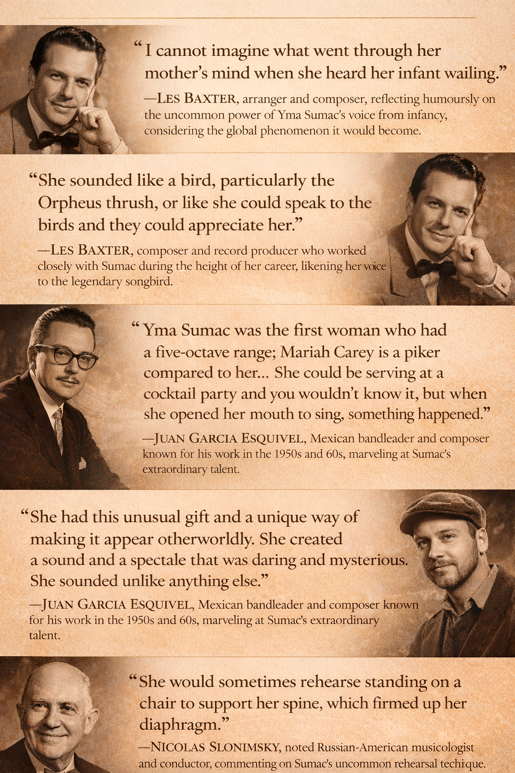 Collage featuring black-and-white photos of four men, each accompanied by a quote about Yma Sumac and her vocal talents. The background is sepia-toned, giving a vintage feel.