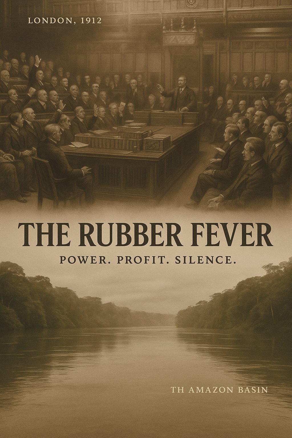 A historical photograph from London, 1912, depicting a courtroom scene with many seated men and a judge or speaker at the front. The background has wood paneling. Below the photo, there is text that reads "The Rubber Fever: Power. Profit. Silence." and "The Amazon Basin" with a landscape of river and trees at the bottom.