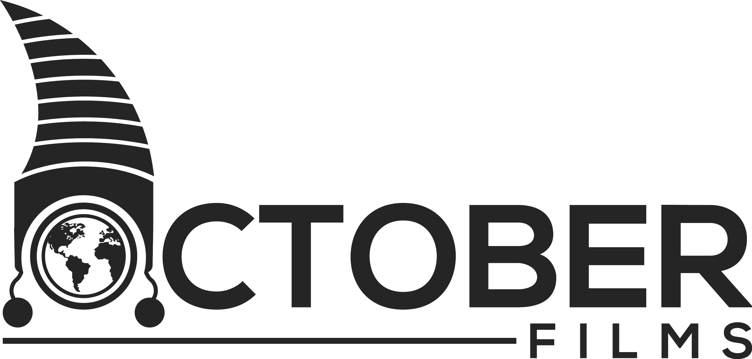 Logo for October Films featuring a stylized film reel with an outline of the Earth inside and the words 'October Films' underneath.