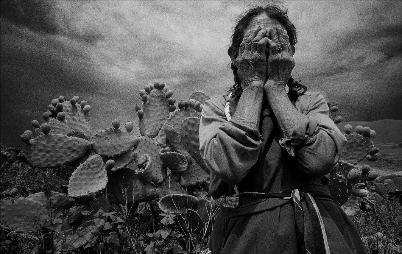 A woman with curly hair, wearing a long sleeve shirt, covers her face with both hands, standing in front of prickly pear cacti amidst a cloudy sky.