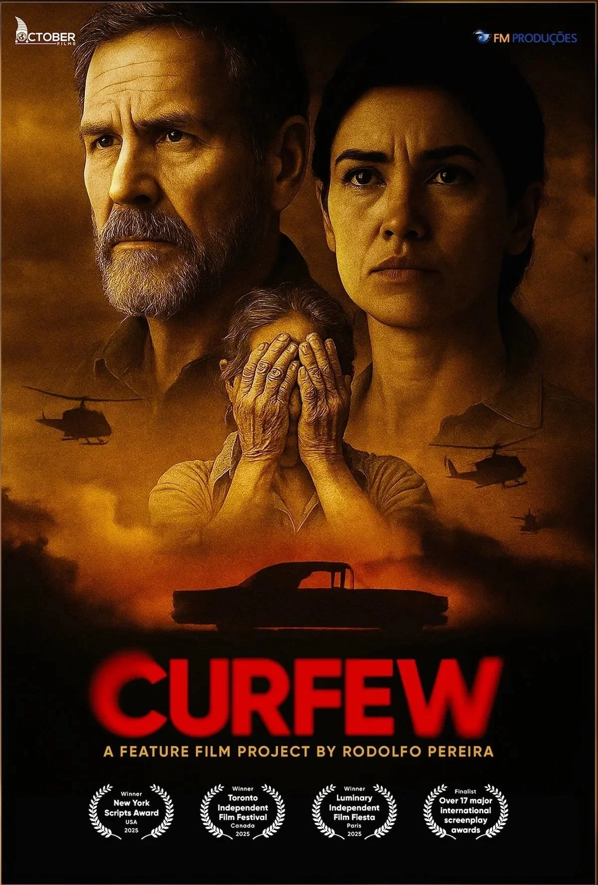 Poster for the film 'Curfew' featuring three characters: a serious older man with a beard, a tense woman with short dark hair, and a distressed elderly woman covering her face. Background shows helicopters and a car silhouette at sunset.