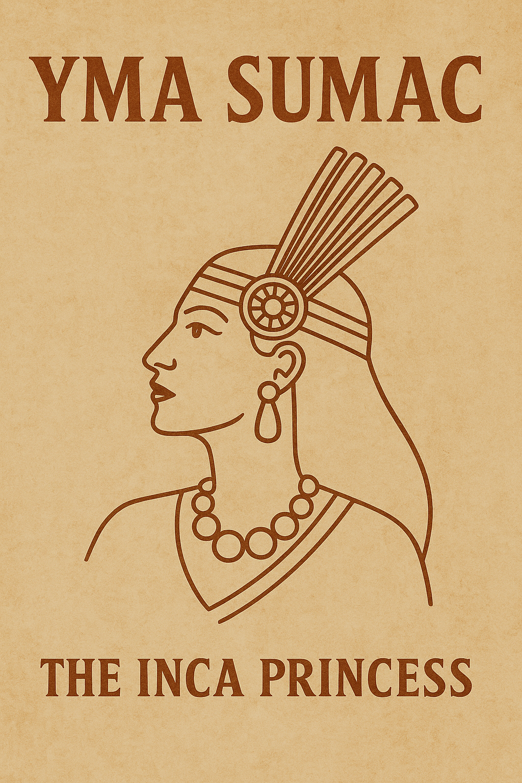 An illustration of an Inca princess in profile wearing traditional headgear, jewelry, and a necklace, with text that reads "YMA SUMAC THE INCA PRINCESS".