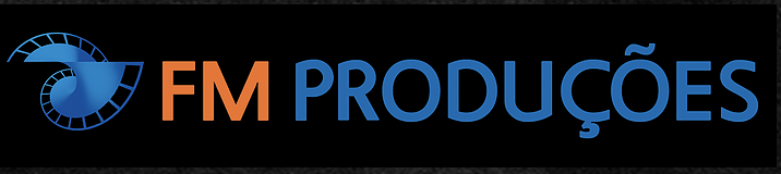 Logo with a blue spiral tape measure icon on a black background, and the text 'FM Produções' with 'FM' in orange and 'Produções' in blue.