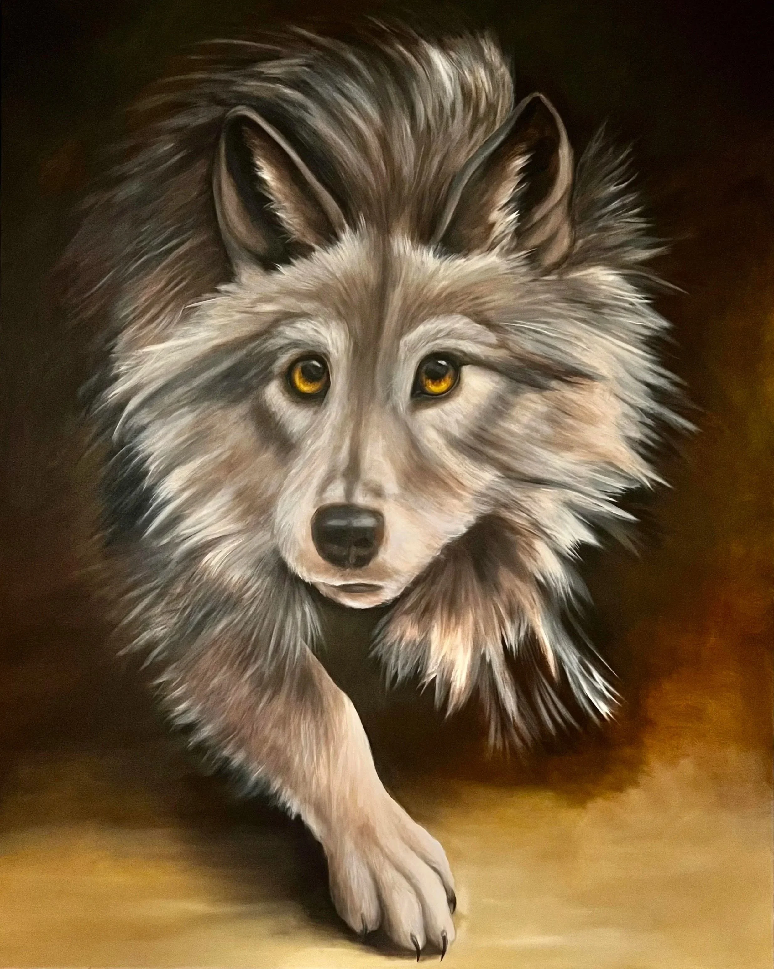 A realistic painting of a shy fox, with yellow eyes, a long fluffy fur coat, and one paw extended forward, set against a dark background.