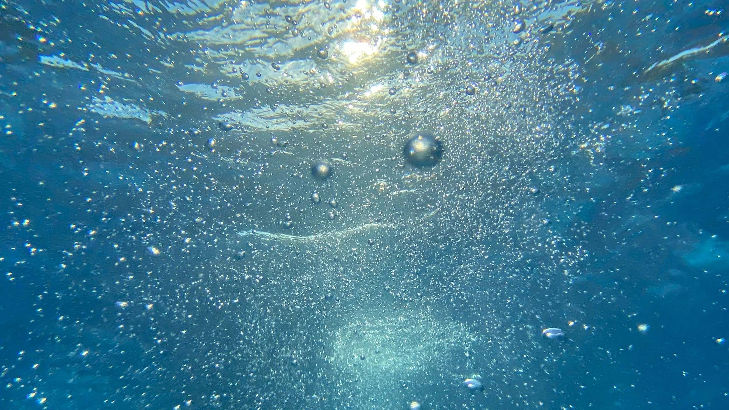 Underwater view of bubbles rising to the water surface with sunlight filtering through from above.