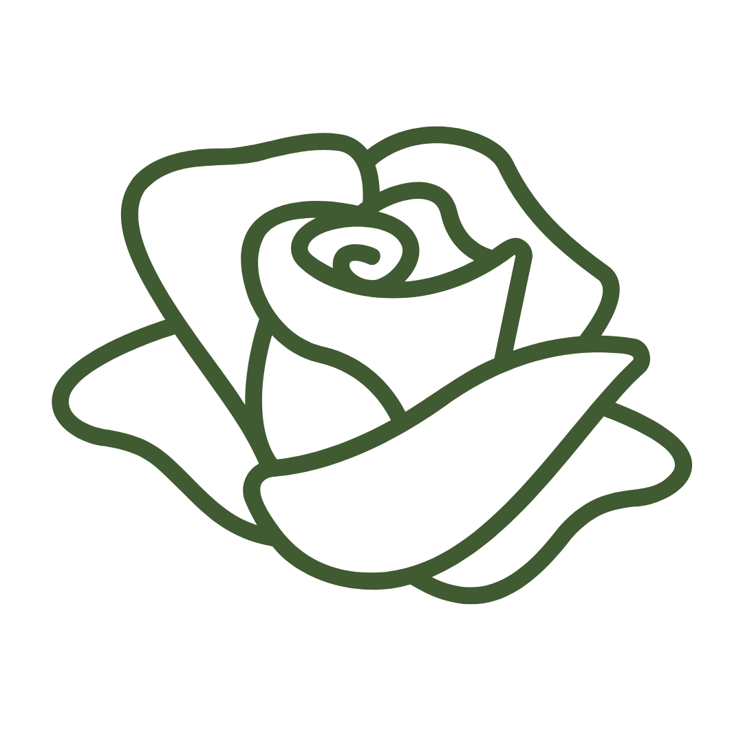 Outline illustration of a rose flower in dark green.