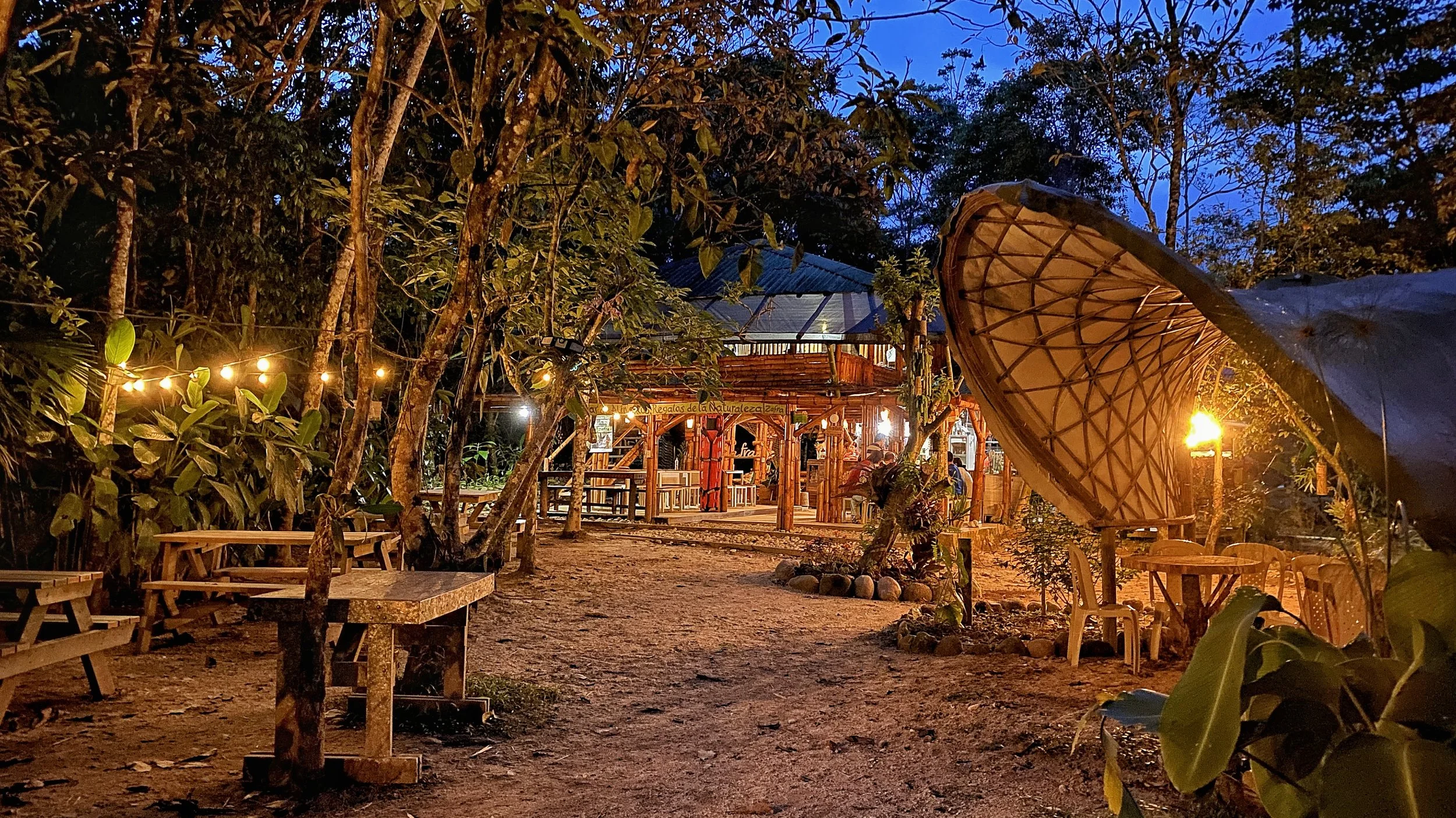 Outdoor rustic restaurant or bar at dusk with string lights, wooden tables, and chairs, surrounded by trees and vegetation, with a covered seating area on the right.