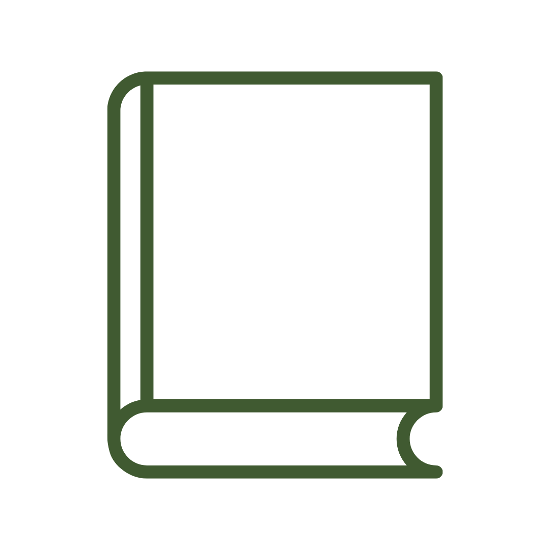 Outline drawing of a closed hardcover book in green.