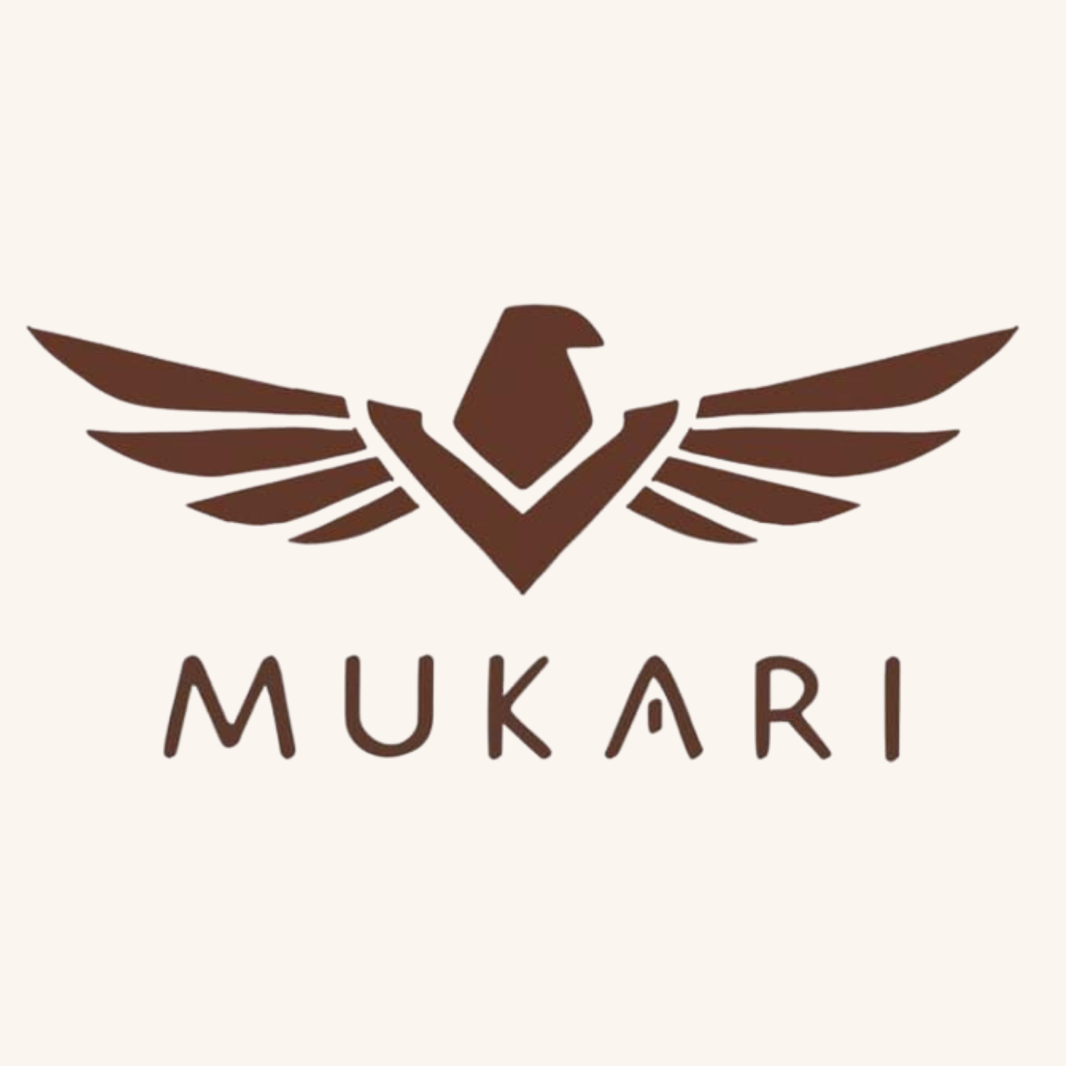 Brown stylized bird with spread wings above the word 'MUKARI' on a cream background.