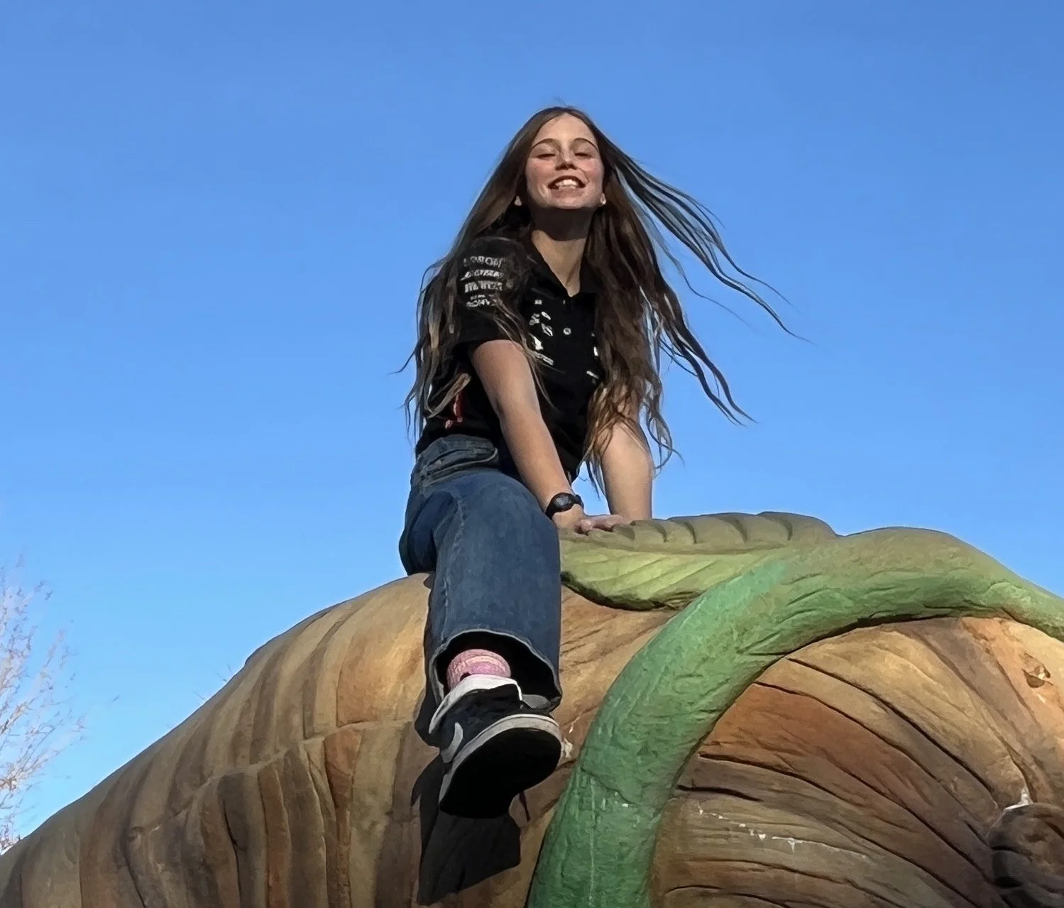 A girl in black shirt and jeans sitting on a large, colorful sculpture of a snail, smiling against a clear blue sky.