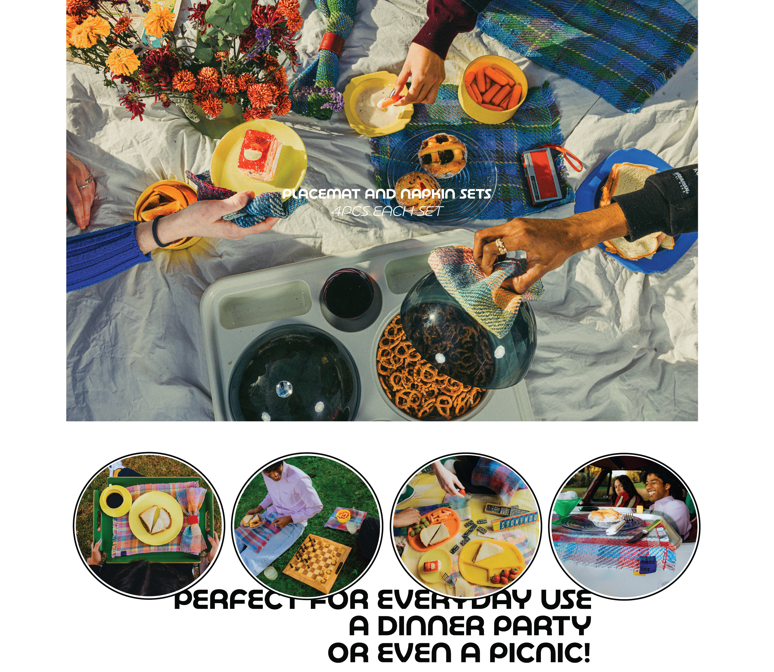 A picnic scene with a white cloth on the ground, featuring a variety of food items including cake, cookies, and vegetables, with hands reaching for the food, surrounded by flowers and colorful napkin and placemat sets.