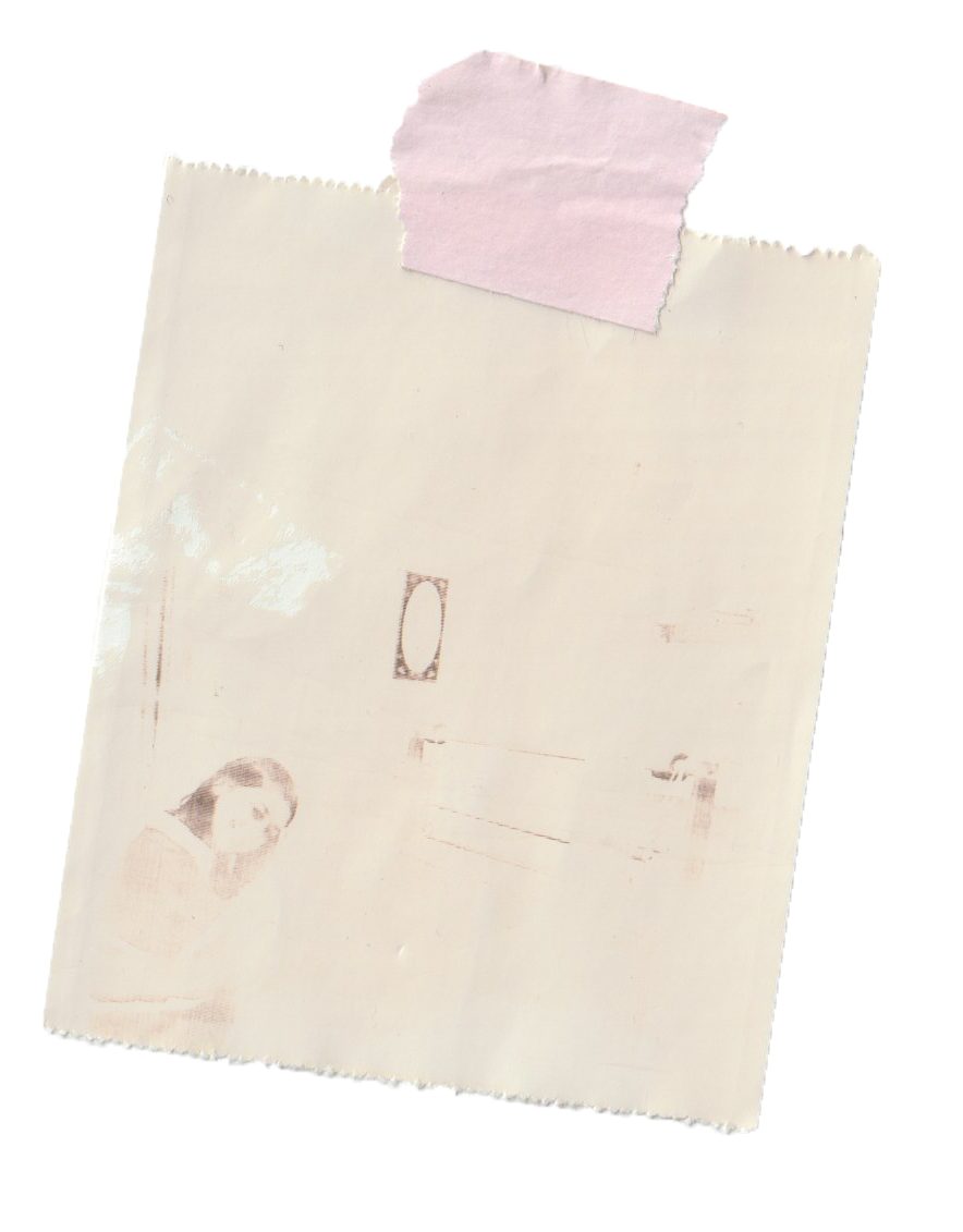 A piece of paper with faint printed text and a small photo of a woman with dark hair in the bottom left corner, taped at the top with pink masking tape.