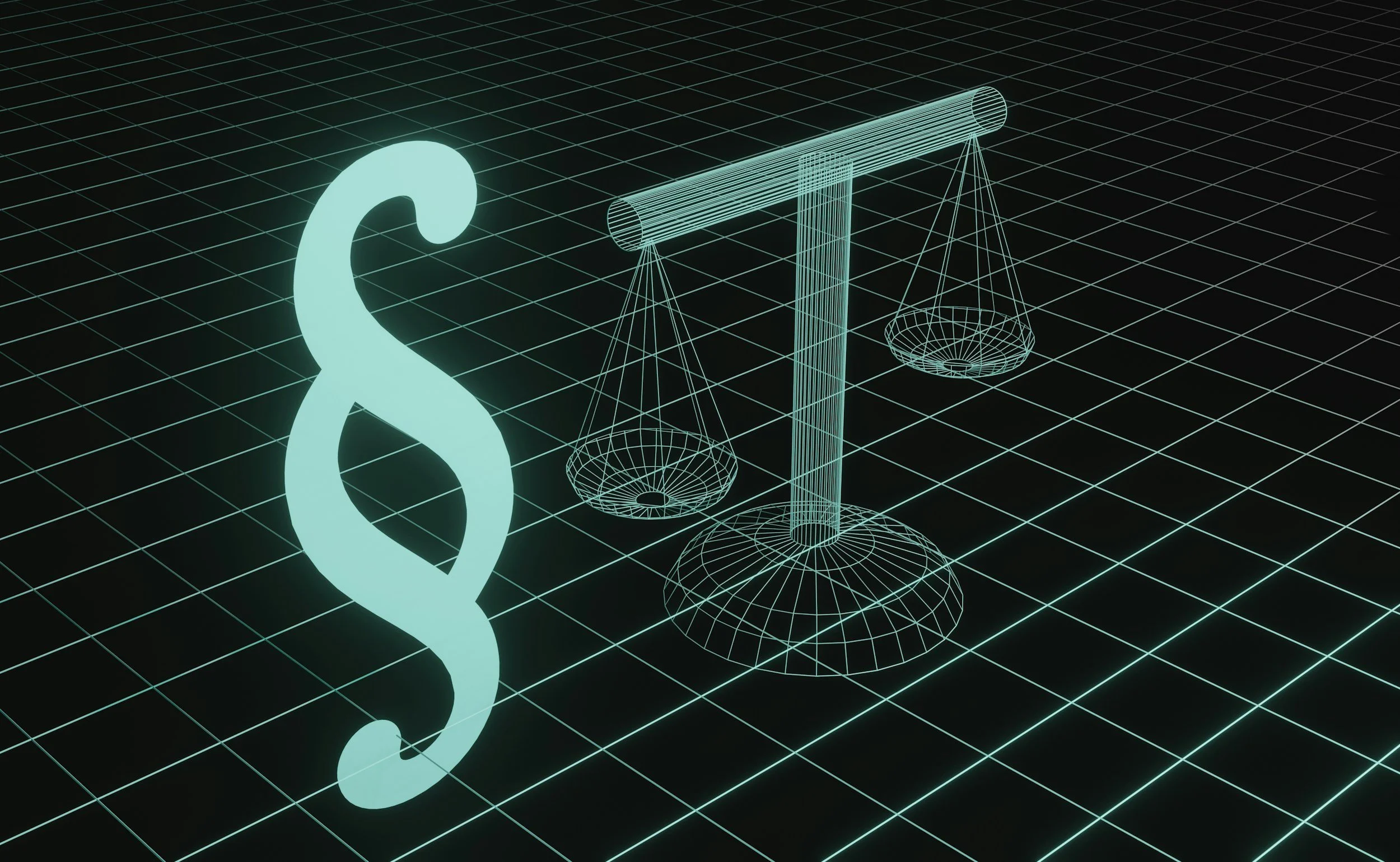 Futuristic digital illustration of a large glowing dollar sign and a wireframe balance scale on a grid background.