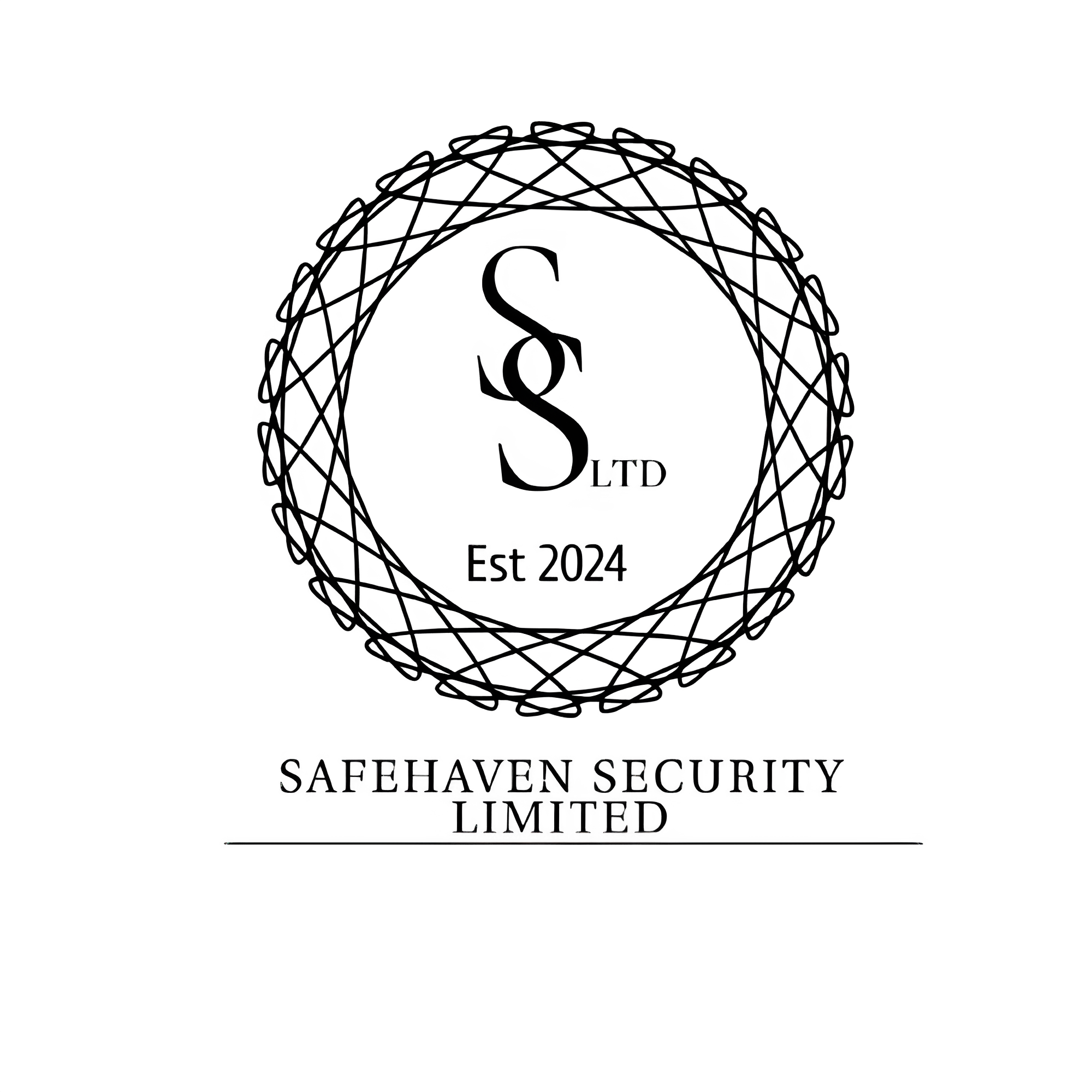 A digital logo of a security company in New Zealand, featuring a paragraph symbol encircled by a decorative wireframe circle