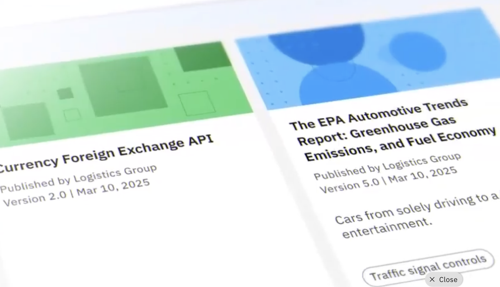 Screenshots of two research reports, one titled 'Currency Foreign Exchange API' and the other 'The EPA Automotive Trends Report: Greenhouse Gas Emissions, and Fuel Economy,' published by Logistics Group, featuring colorful abstracts and publication details.