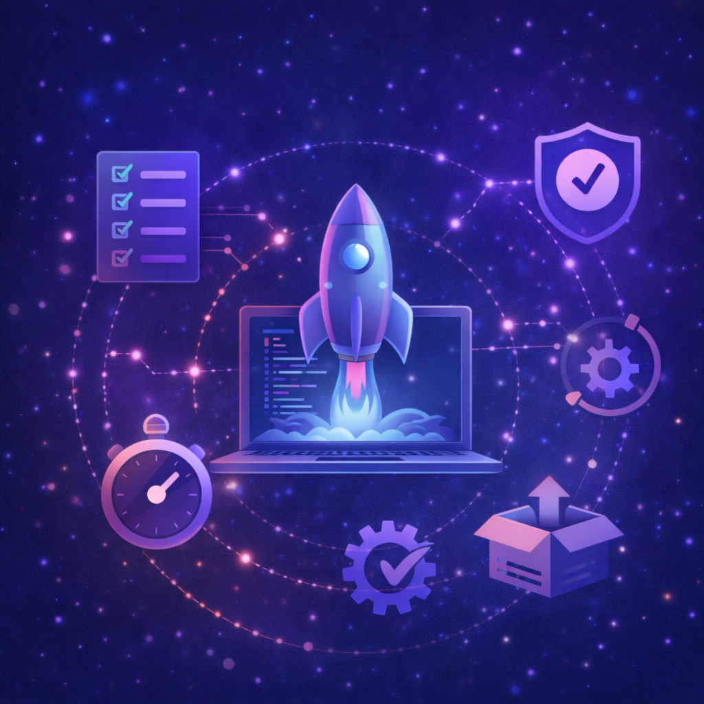 A digital illustration features a rocket launching from a laptop with a space-themed background, surrounded by icons of checklists, a shield with a checkmark, gears, a timer, and an open box, symbolizing technology, security, productivity, and innovation.