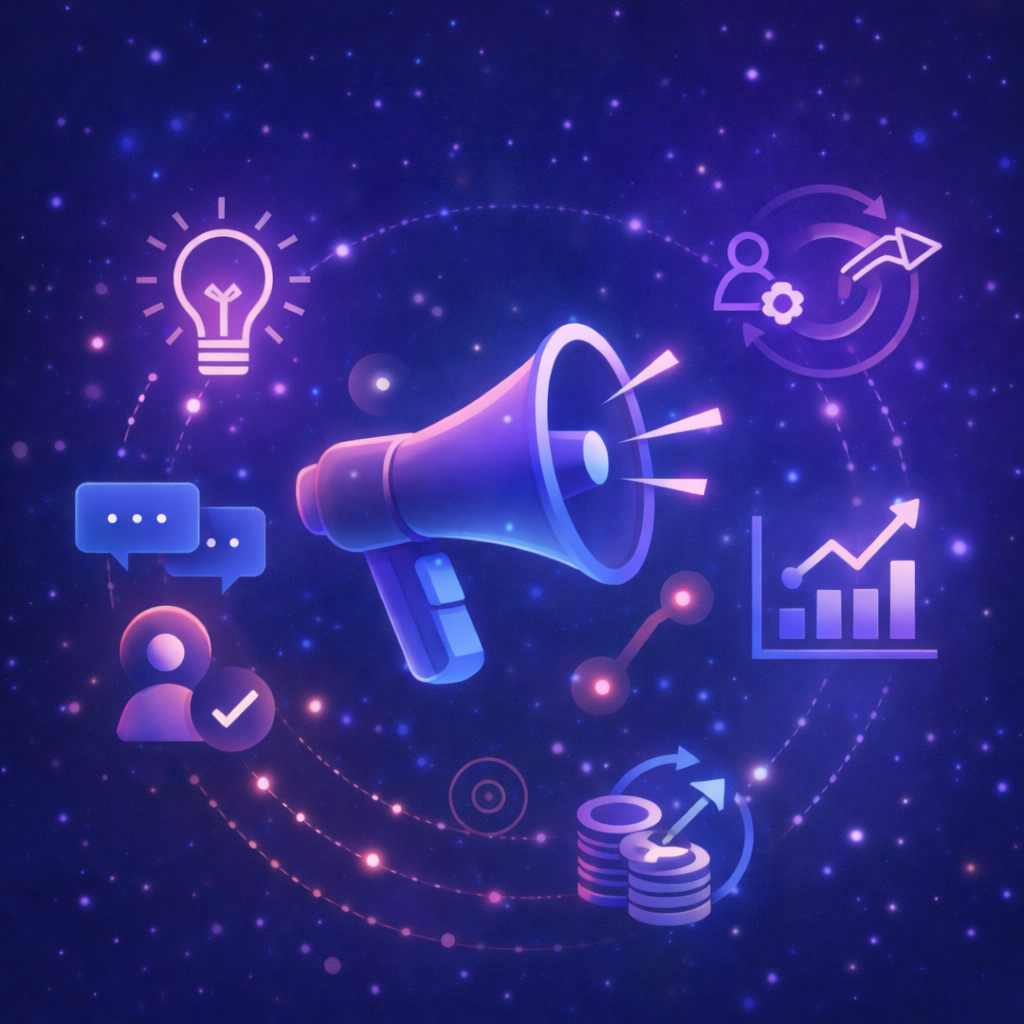 Digital illustration of a megaphone surrounded by icons depicting ideas, communication, user engagement, growth charts, money, and innovation against a starry, space-like background.