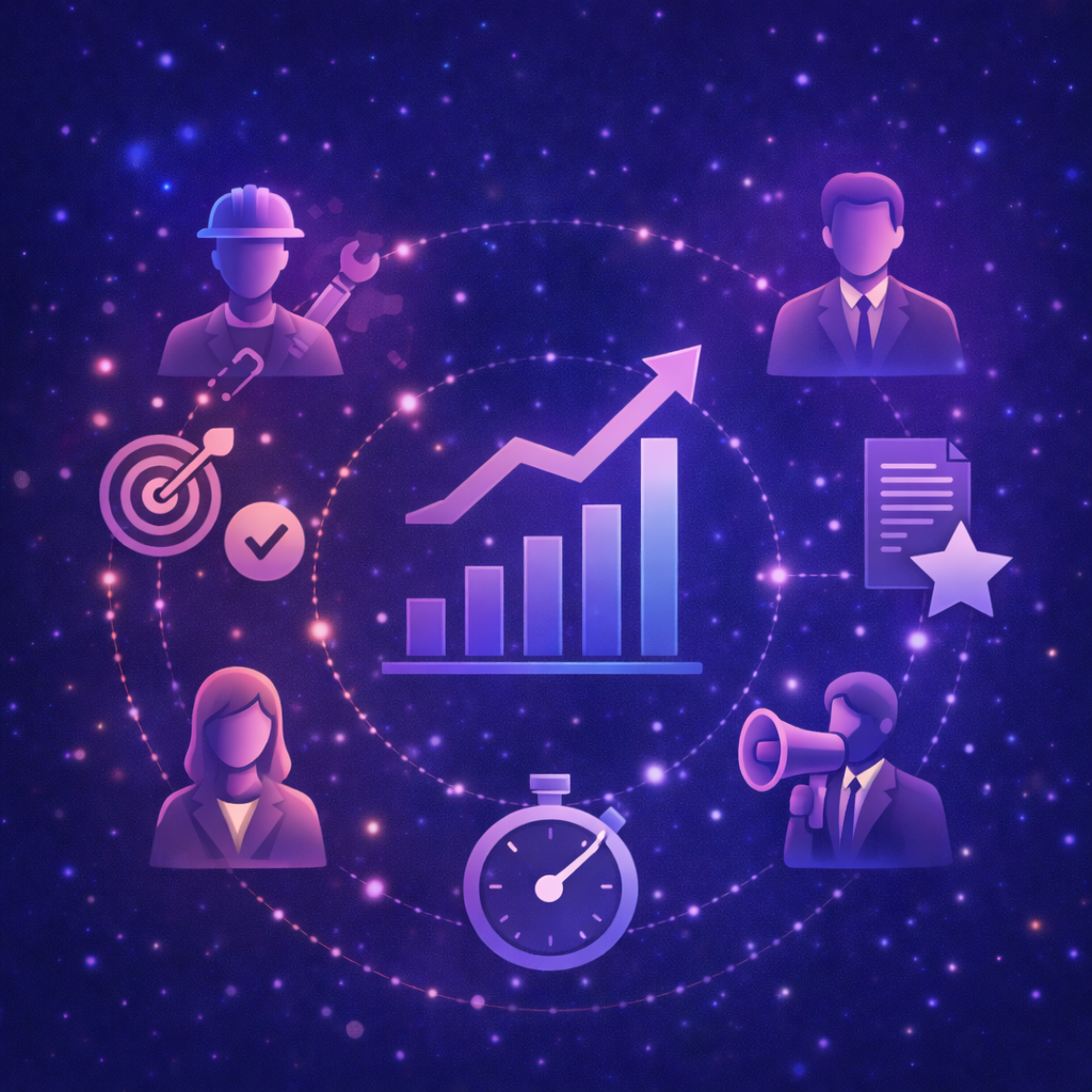 Illustration of business growth and teamwork with icons of a target, check mark, woman, man in a suit, woman, man with a megaphone, documents with a star, stopwatch, and a central upward trending bar graph surrounded by a starry background.