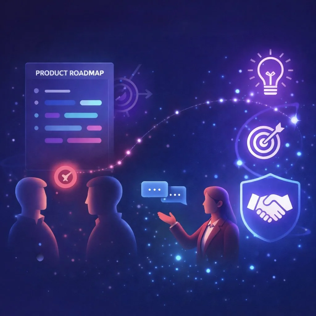 Digital illustration showing people discussing a product roadmap, with icons representing ideas, goals, target achievement, and security, connected by glowing lines and a starry background.