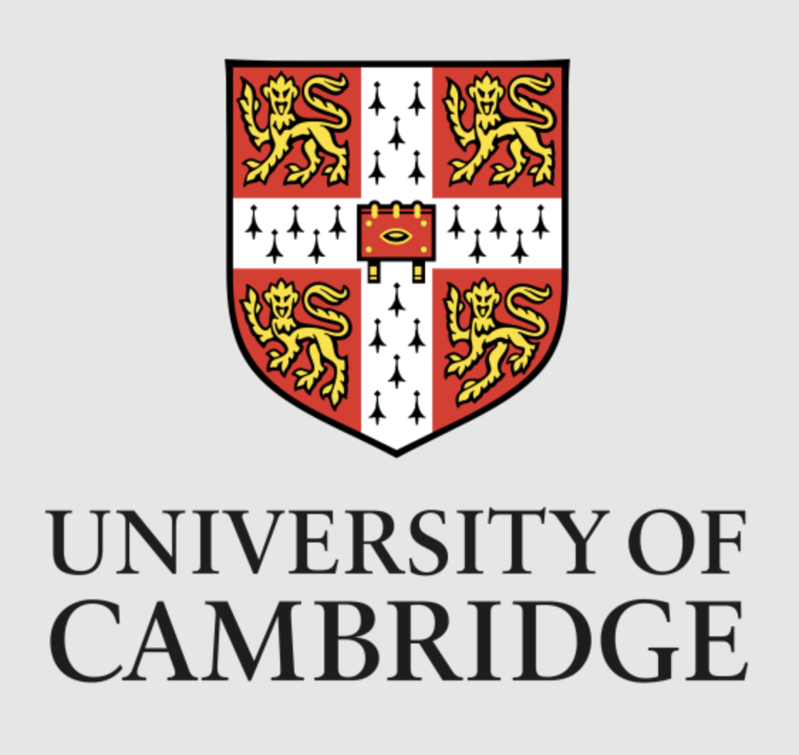 The University of Cambridge shield coat of arms with a red and white background, featuring a central red box with a gold eye and three gold circles, surrounded by a golden lion rampant on each quarter. Below, the text reads 'University of Cambridge' in black font.