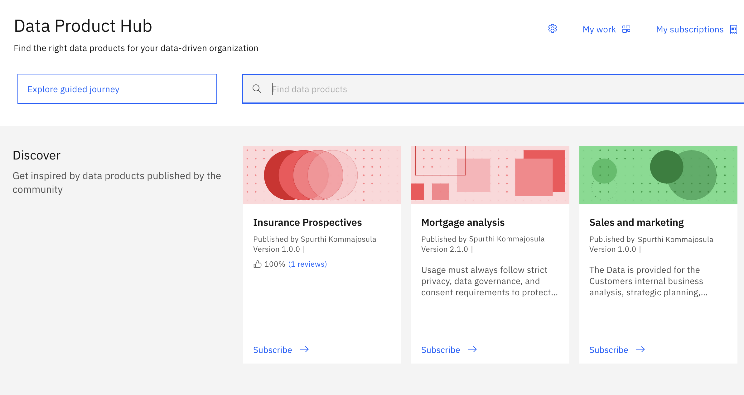 Screenshot of a web page titled 'Data Product Hub' featuring a search bar, guided journey link, and three data product categories: Insurance Prospective, Mortgage Analysis, and Sales and Marketing, each with descriptions and subscribe links.