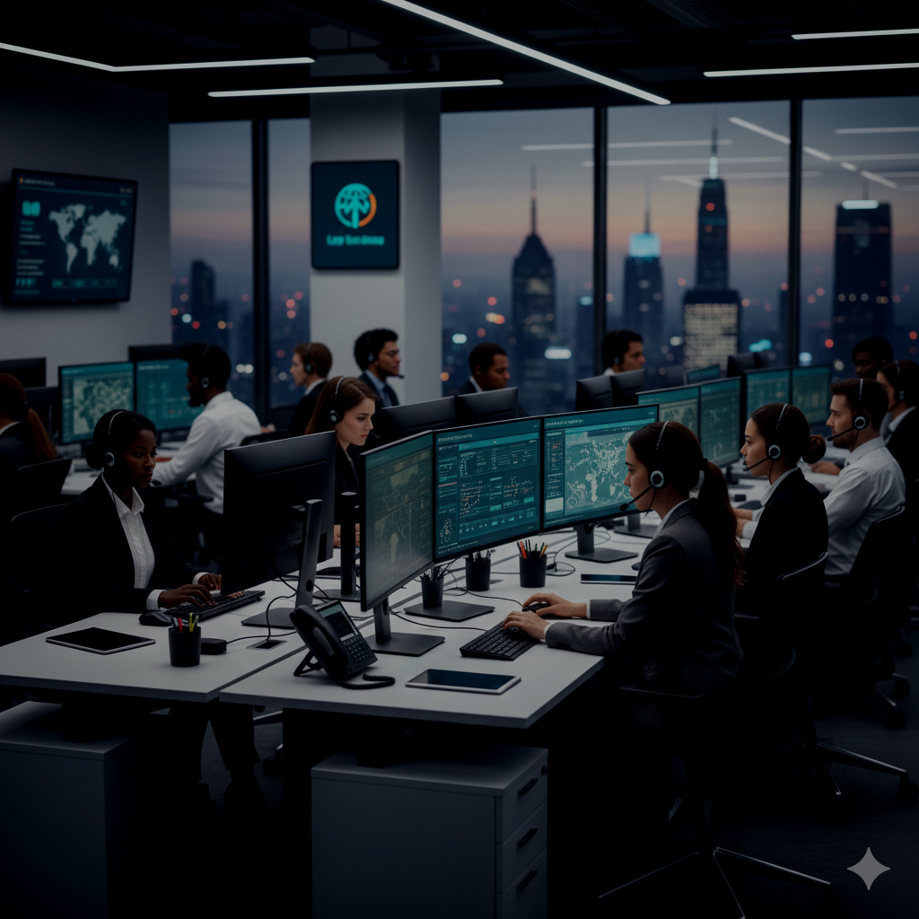 A busy control room with multiple operators working at computer stations, overlooking a city skyline at dusk through large windows.