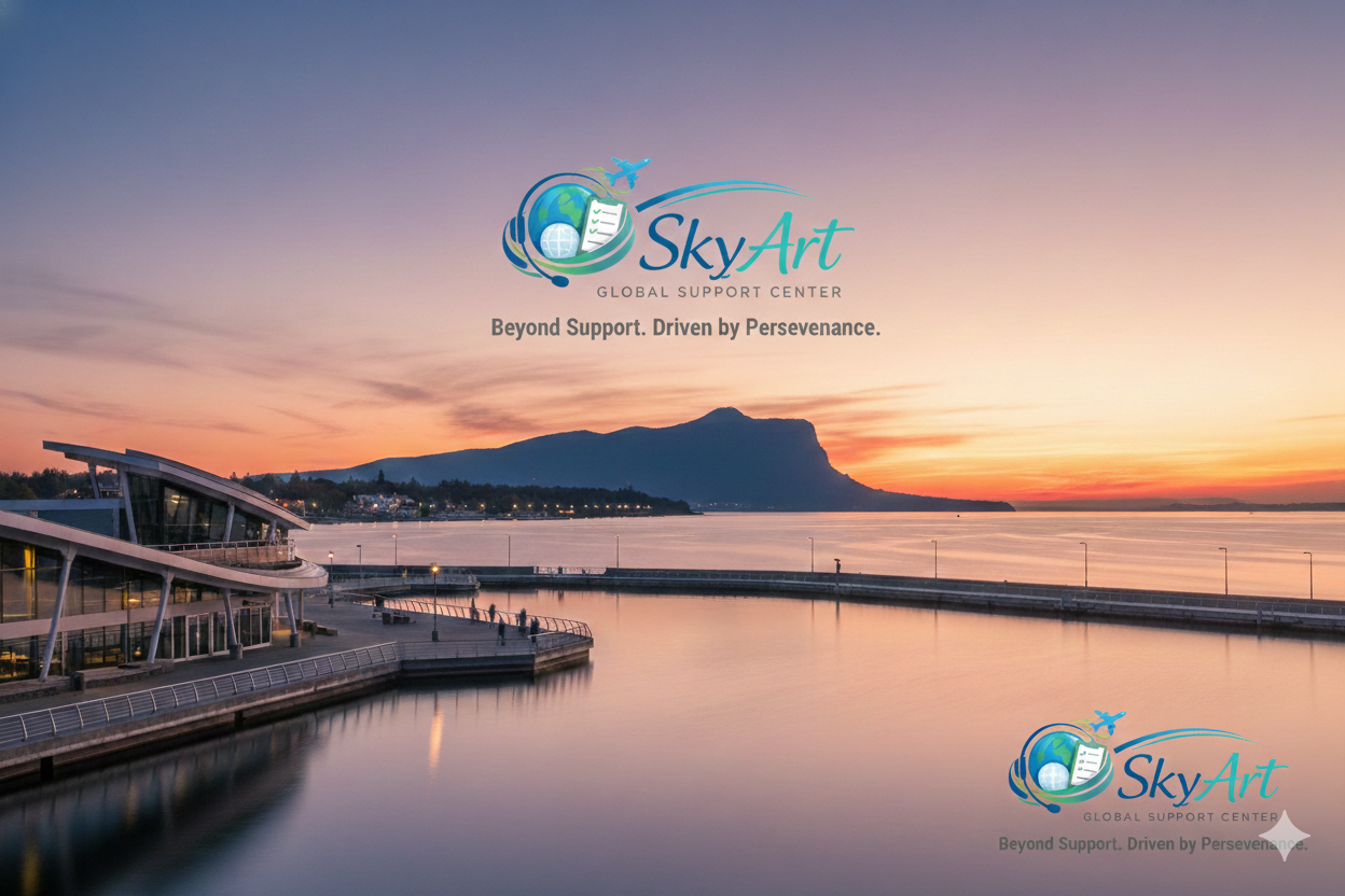 Sunset over a harbor with modern buildings on the left and mountains in the background. The SkyArt logo and motto, "Beyond Support. Driven by Perseverance," are visible in the sky and reflection.