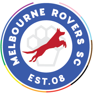 Logo of Melbourne Rovers Soccer Club with a red dog in the center, surrounded by blue and white circular text.