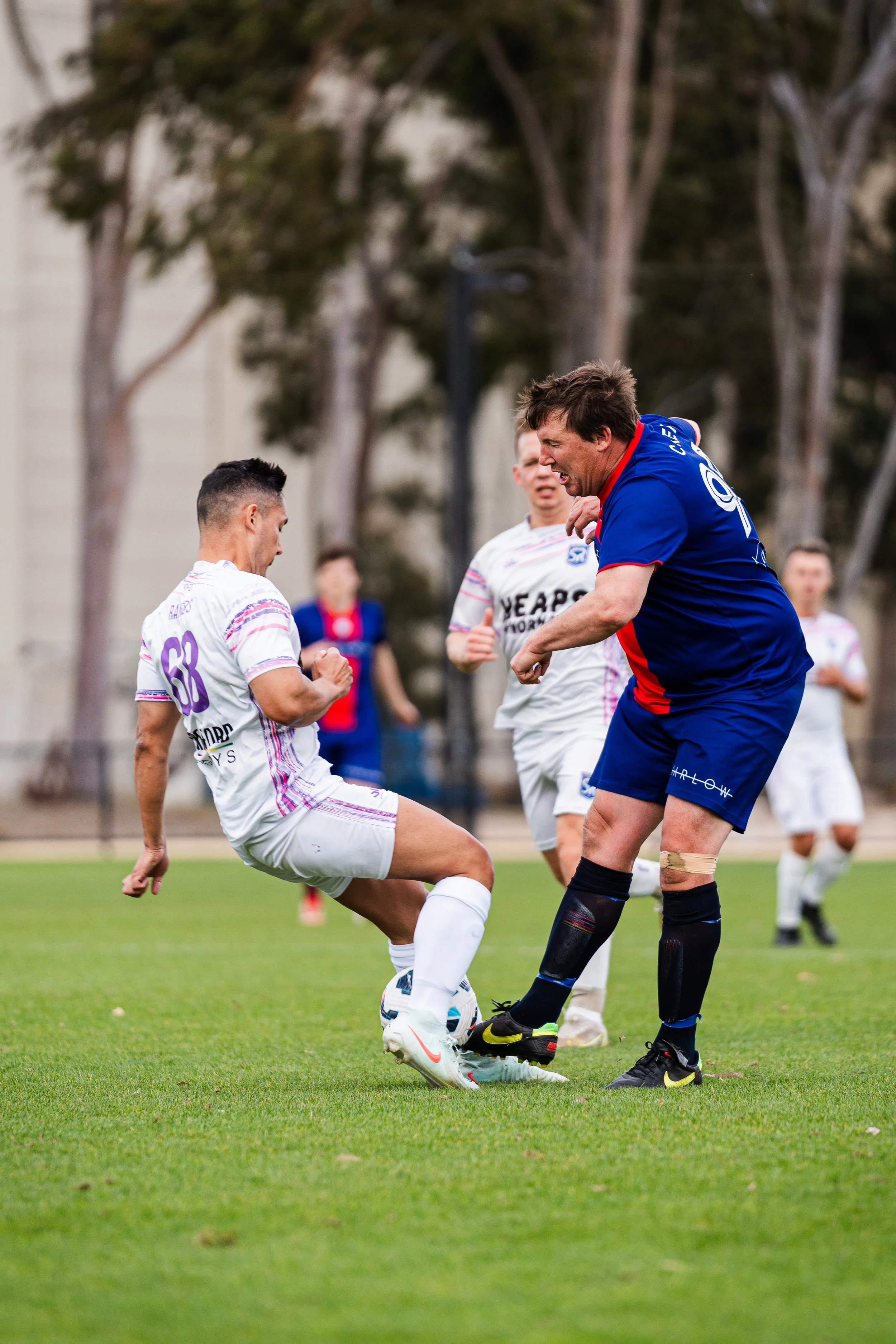 Two soccer players, one in a white jersey and the other in a blue jersey, compete for the ball on a green field with other players and trees in the background.