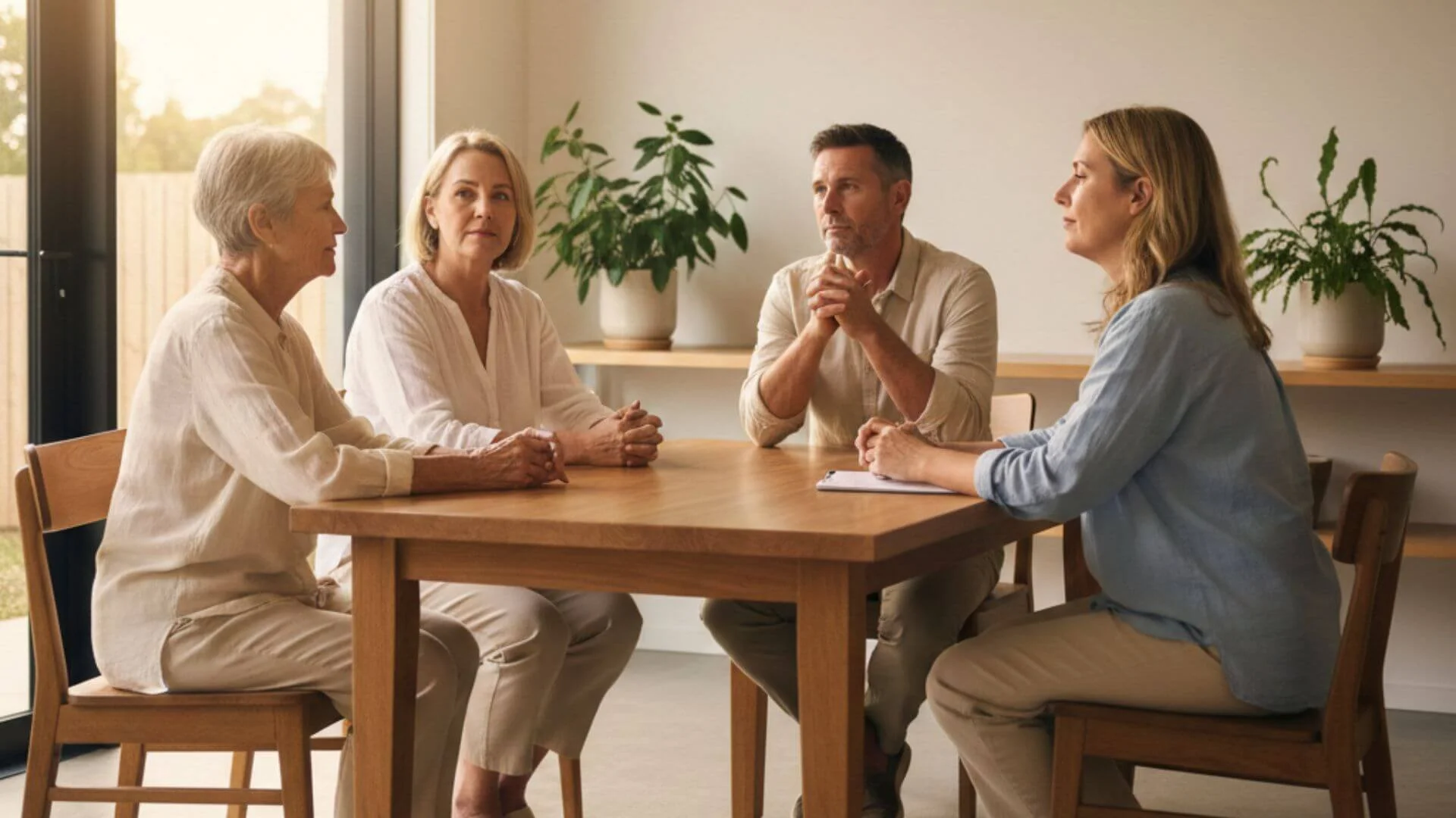 Four adults seated around a table in a calm, structured mediation conversation.