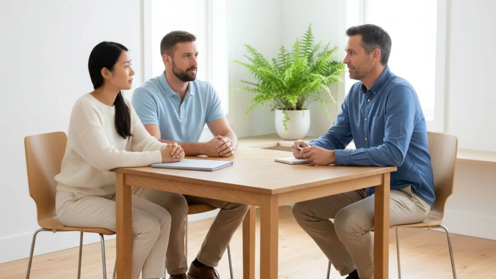 A family group conferencing meeting with a mediator and a couple seated at a table.