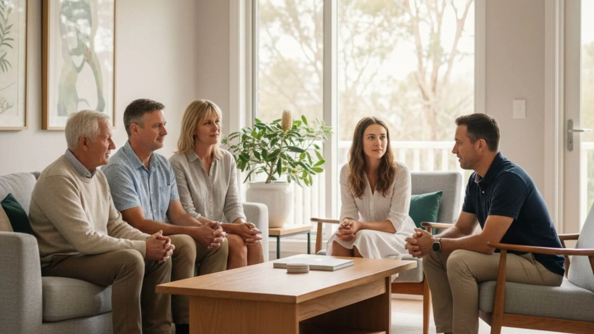 A multigenerational family seated together in a calm, neutral setting, engaged in a facilitated conversation.