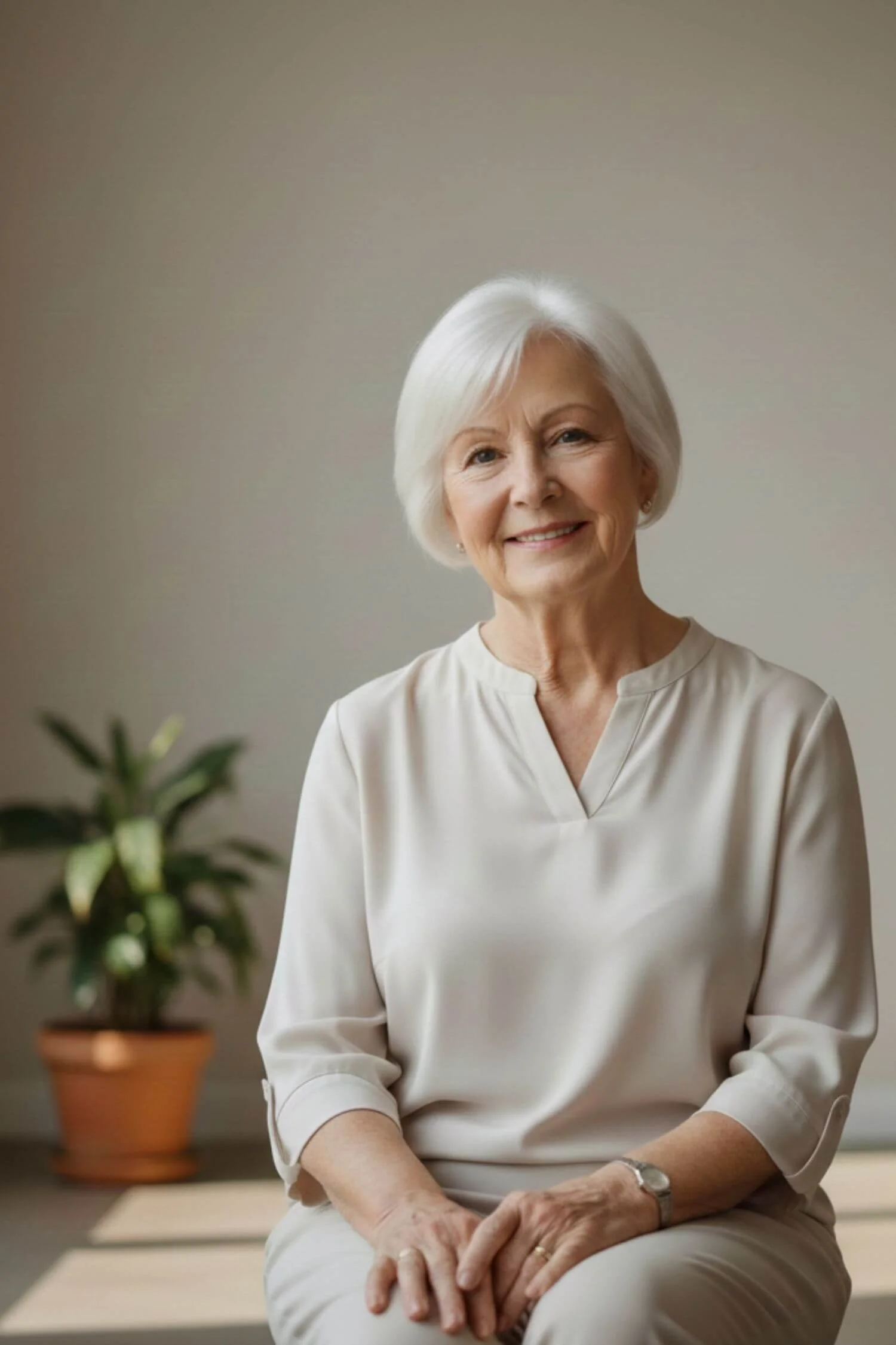 An older woman smiling, seated comfortably in a light-filled indoor setting.