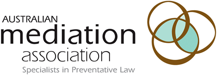 Logo of the Australian Mediation Association with overlapping circles and text 'Australian Mediation Association, Specialists in Preventative Law'.