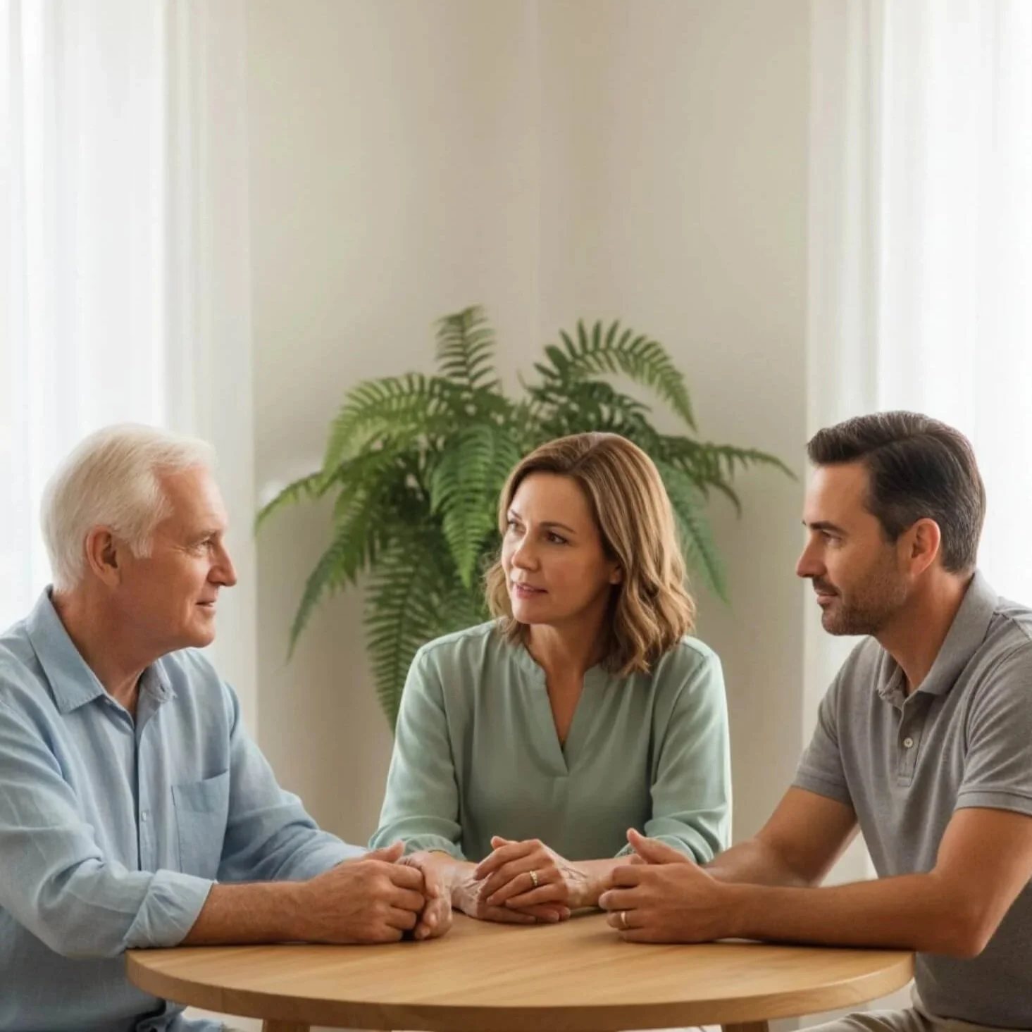 Three adults seated at a table in a calm, neutral setting, engaged in a respectful conversation.