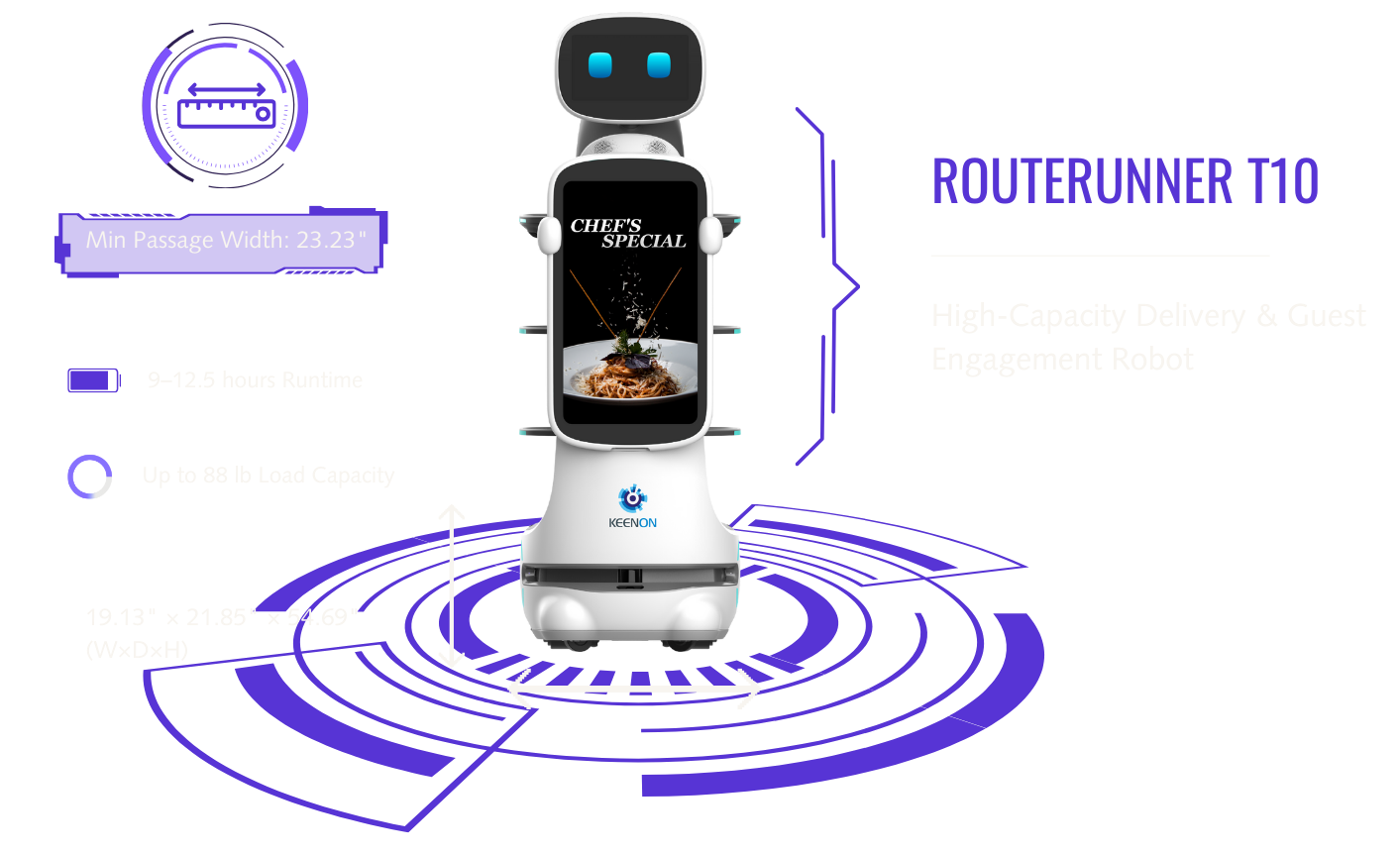 ROUTERUNNER T10 high-capacity tray delivery robot with built-in advertising display