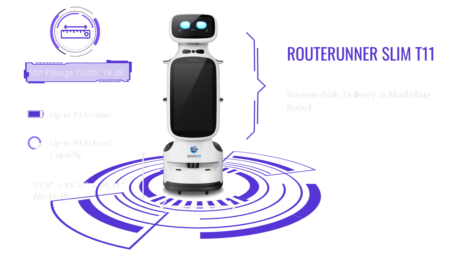 ROUTERUNNER SLIM narrow-aisle delivery and marketing robot for hospitality and restaurants