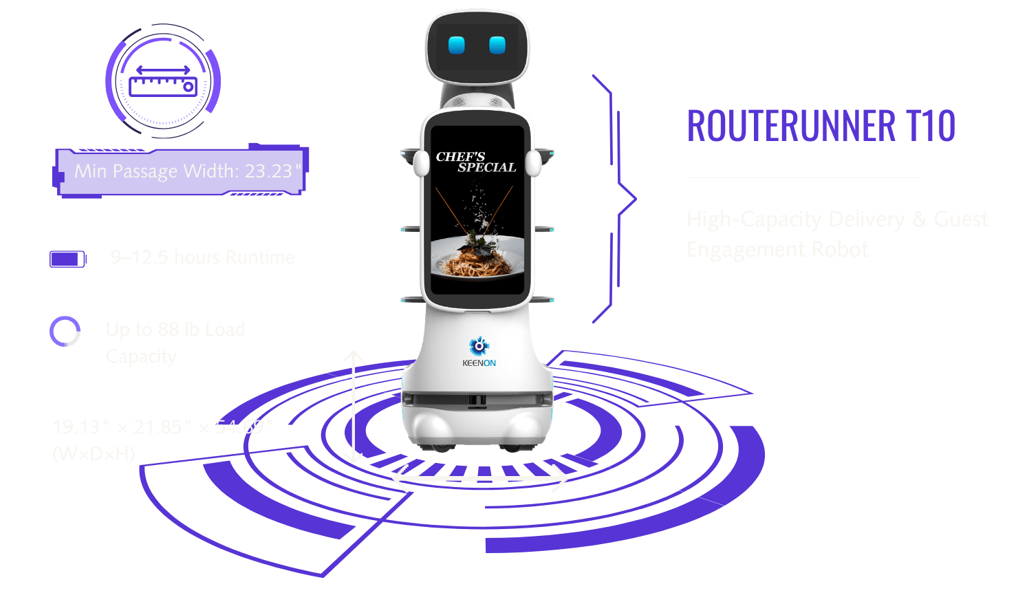 ROUTERUNNER T10 high-capacity tray delivery robot with built-in advertising display
