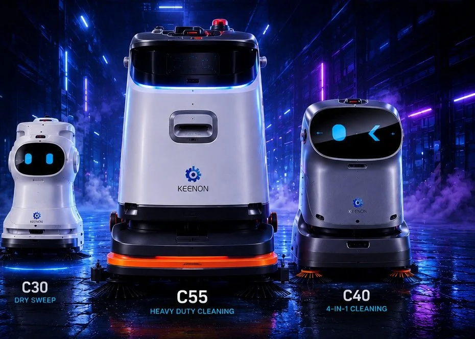 Concept render &mdash; RevoRoute cleaning robot lineup (C30, C55, C40) in a neon corridor