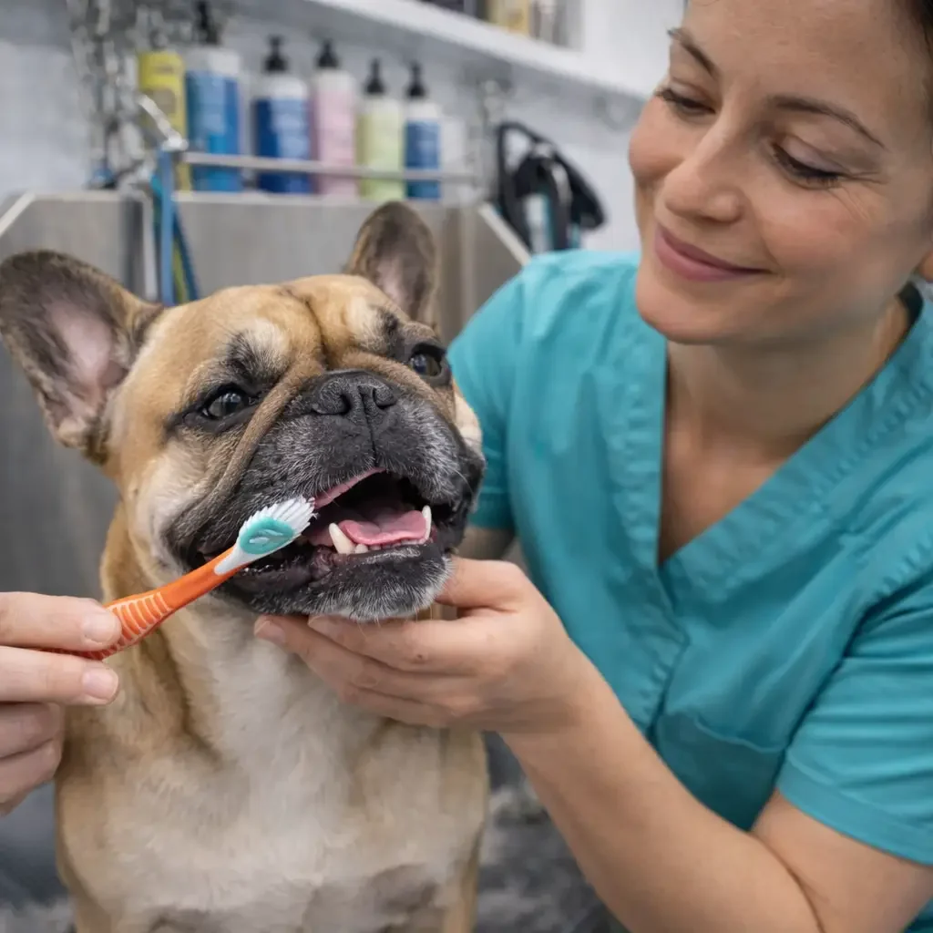 French Bulldog's dental care in grooming van