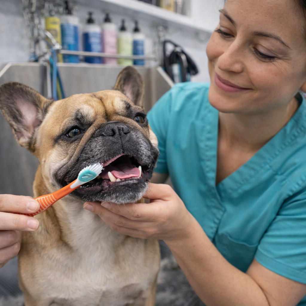 French Bulldog's dental care in grooming van