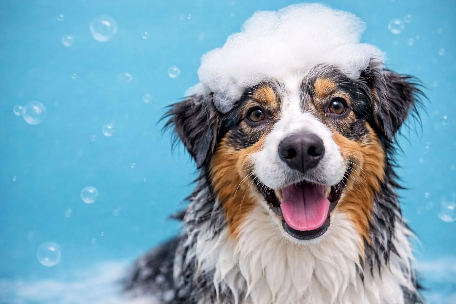 Australian Shepherd during bath time with soap bubbles and foam on a turquoise background