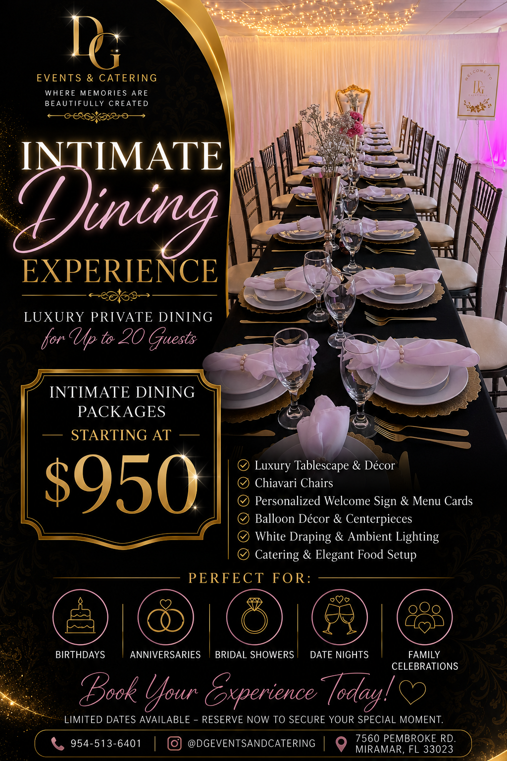 A promotional flyer for DG Events & Catering advertising an intimate dining experience for up to 20 guests. The flyer features a photograph of a luxurious decorated dinner table with black tablecloth, gold accents, pink napkins, elegant glassware, and floral centerpieces, under warm lighting with a backdrop of draped curtains.