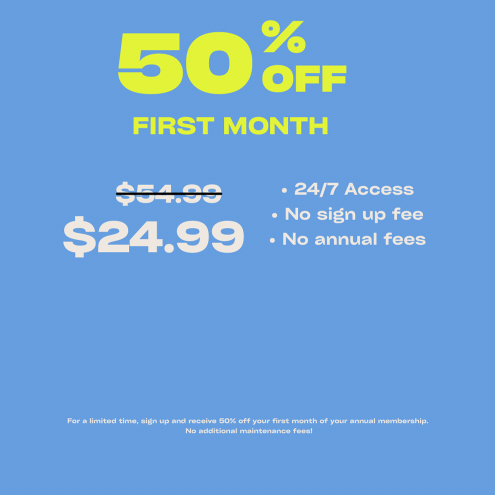 Promotional advertisement offering a 50% discount on an annual membership for the first month, with the price reduced from $54.99 to $24.99, highlighting features such as 24/7 access, no sign-up fee, and no annual fees.