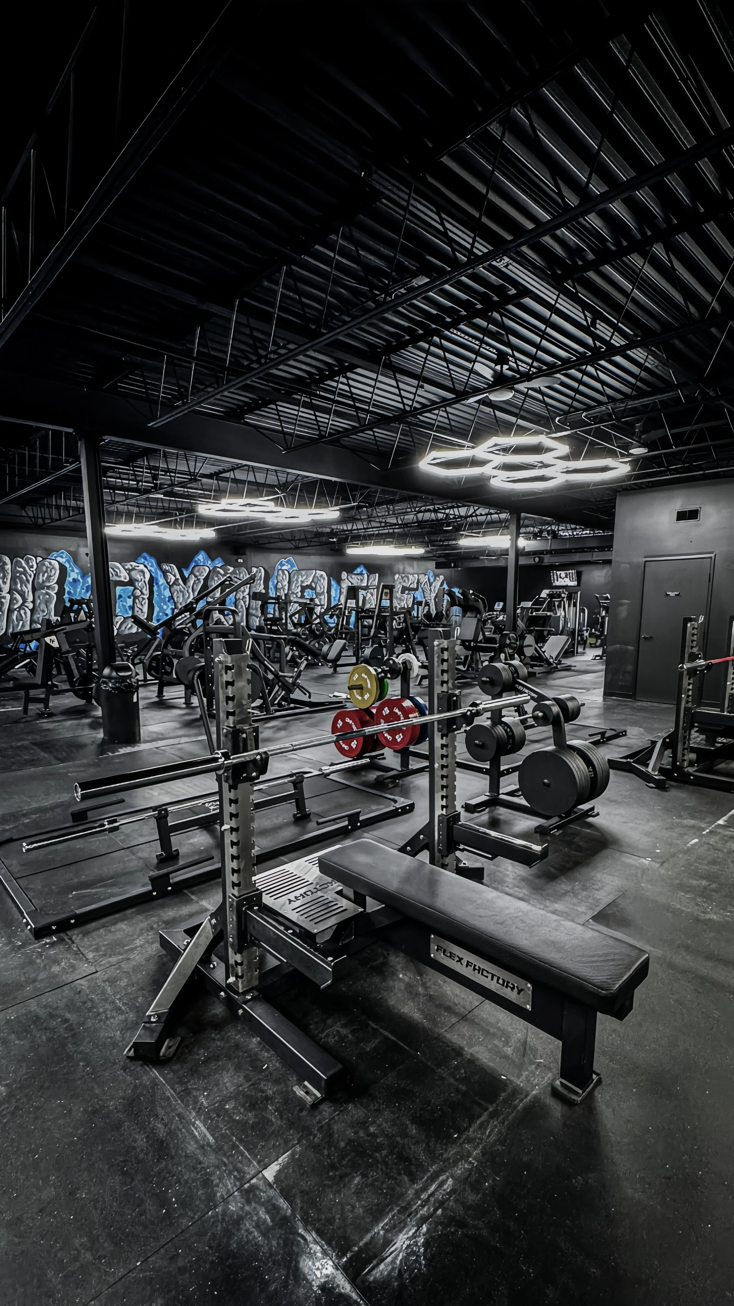 Interior of a modern gym with various weightlifting equipment, benches, and a graffiti wall in the background. The gym has a dark color scheme with contemporary lighting fixtures.