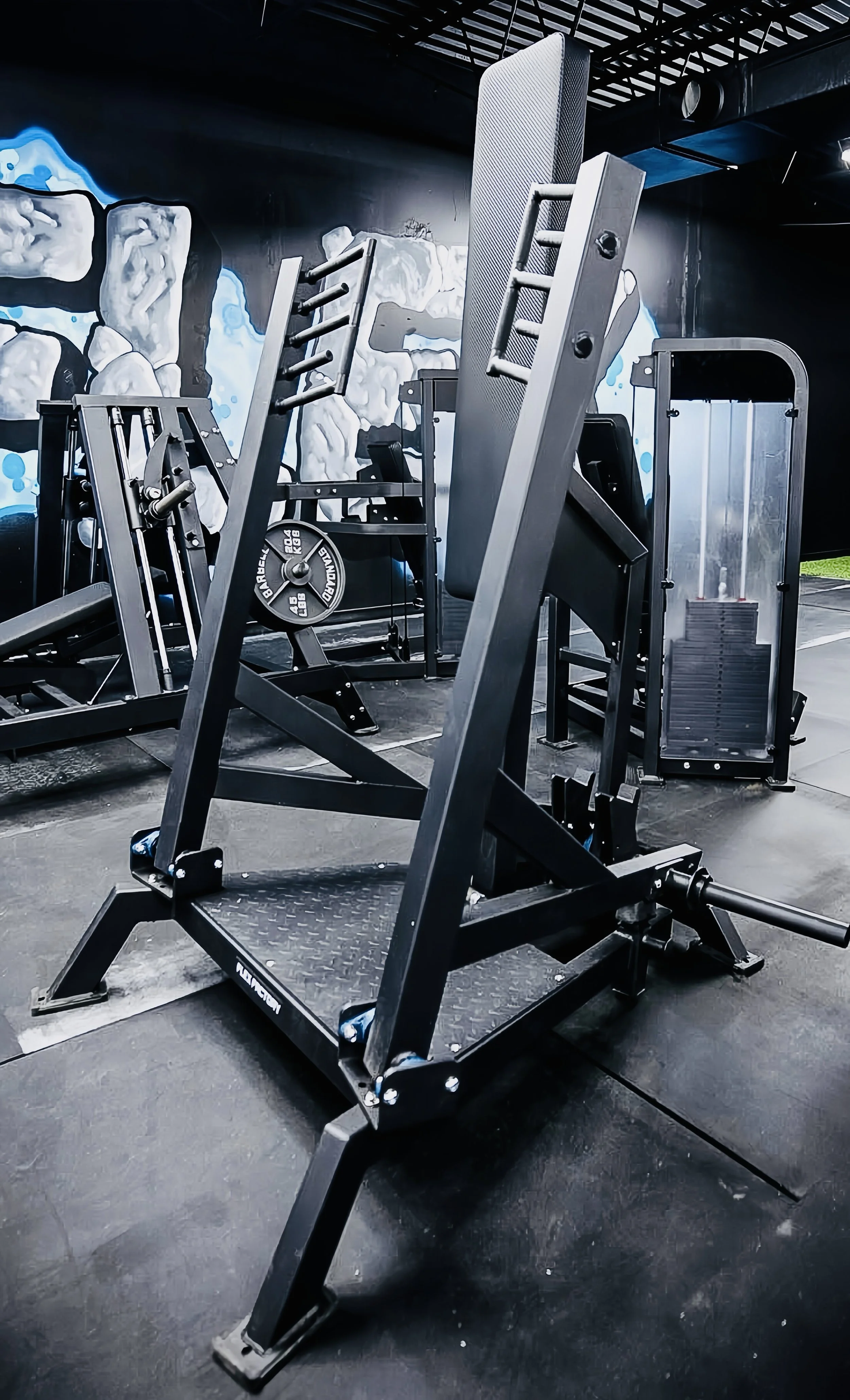 Indoor gym equipment including a black leg press machine with a padded backrest, weight plates, and various other workout stations in the background.