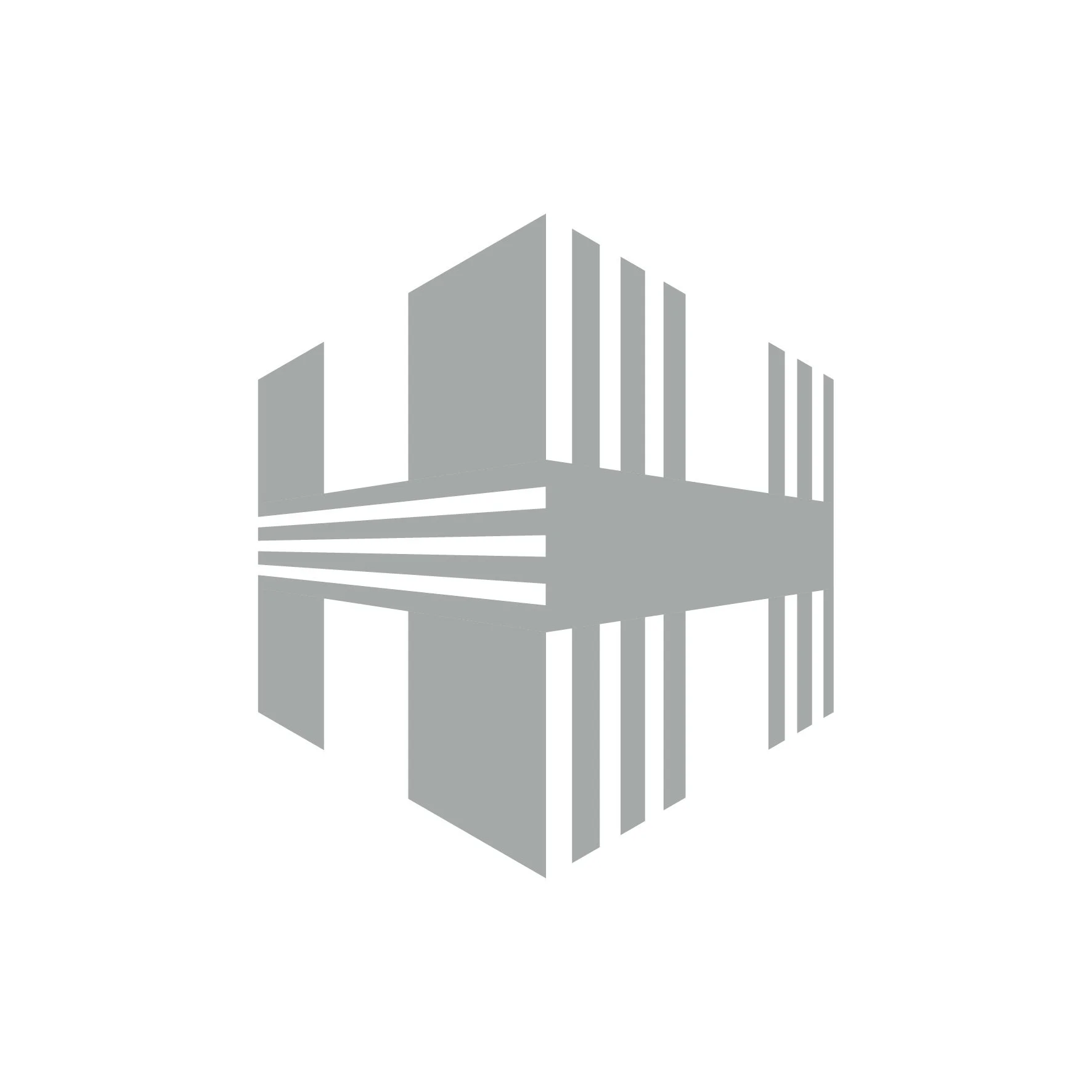 A gray abstract geometric design resembling a cube with vertical lines and horizontal stripes, creating a 3D optical illusion on a white background.