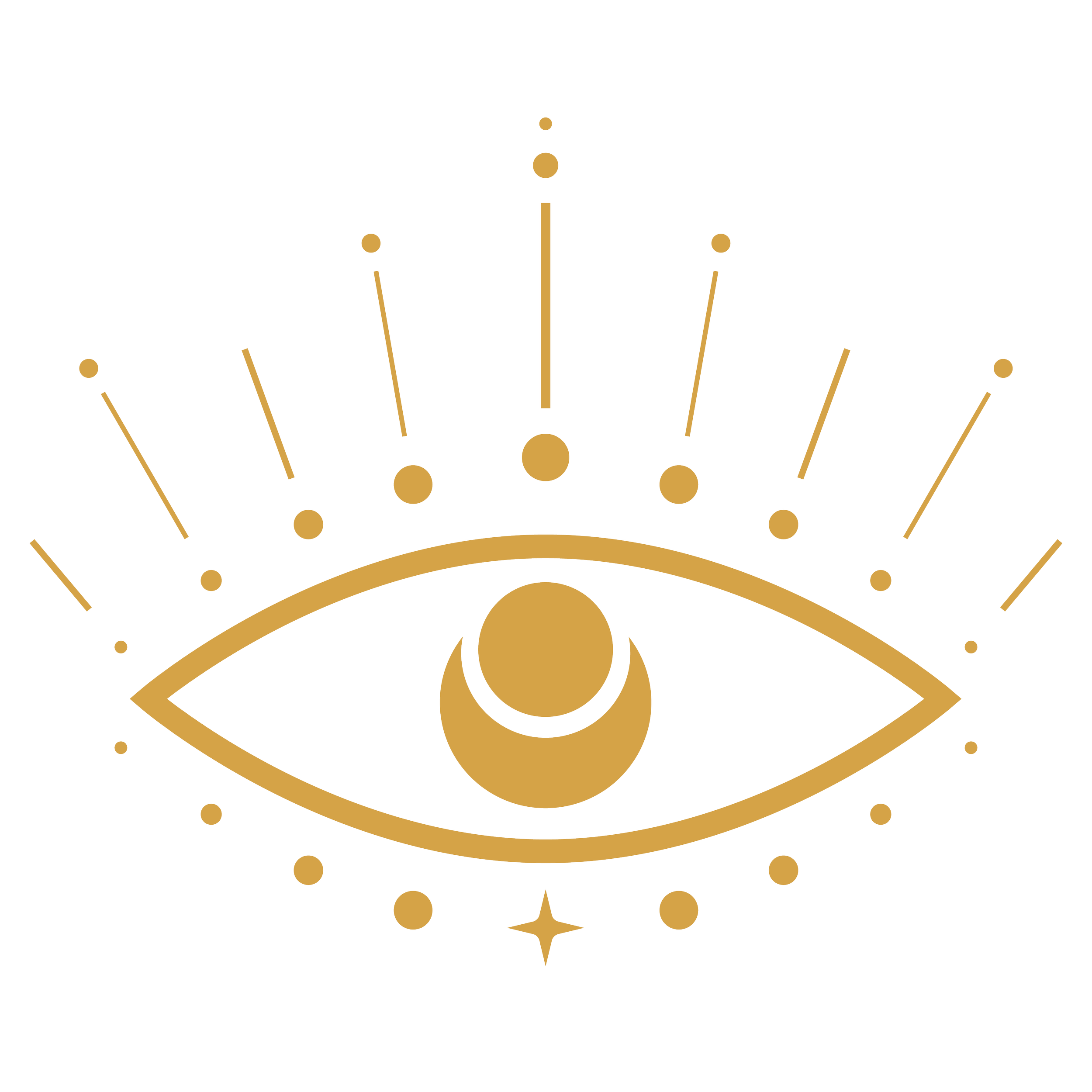 A stylized eye with celestial symbols inside and around it, in gold color on a black background.