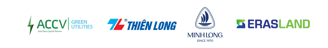 Logos of ACCCV, Thien Long, Minh Long, and Erasland company brands.